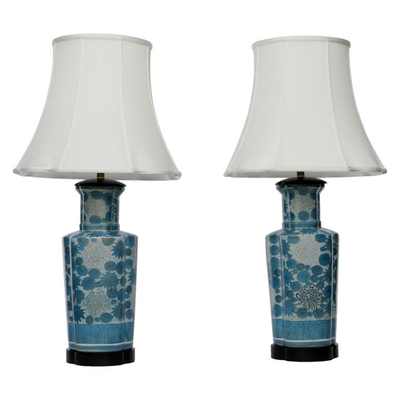 Pair Turquoise Blue and White Chinoise Chrysanthemum Table Lamps