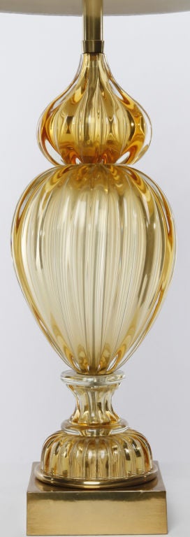 Urn form lamp in heavy champagne colored glass, most likely by Seguso, for Marbro. New silk shade.