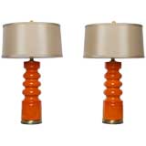 Pair Tangerine Abstract Ceramic Lamps