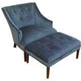 Blue Button Tufted Velvet 1940s Chair And Ottoman