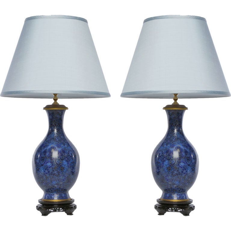 Pair Chinese Urn Form Blue Cloisonne Lamps