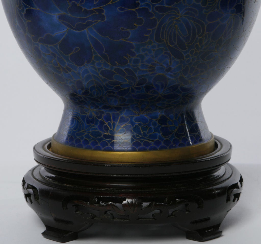 20th Century Pair Chinese Urn Form Blue Cloisonne Lamps
