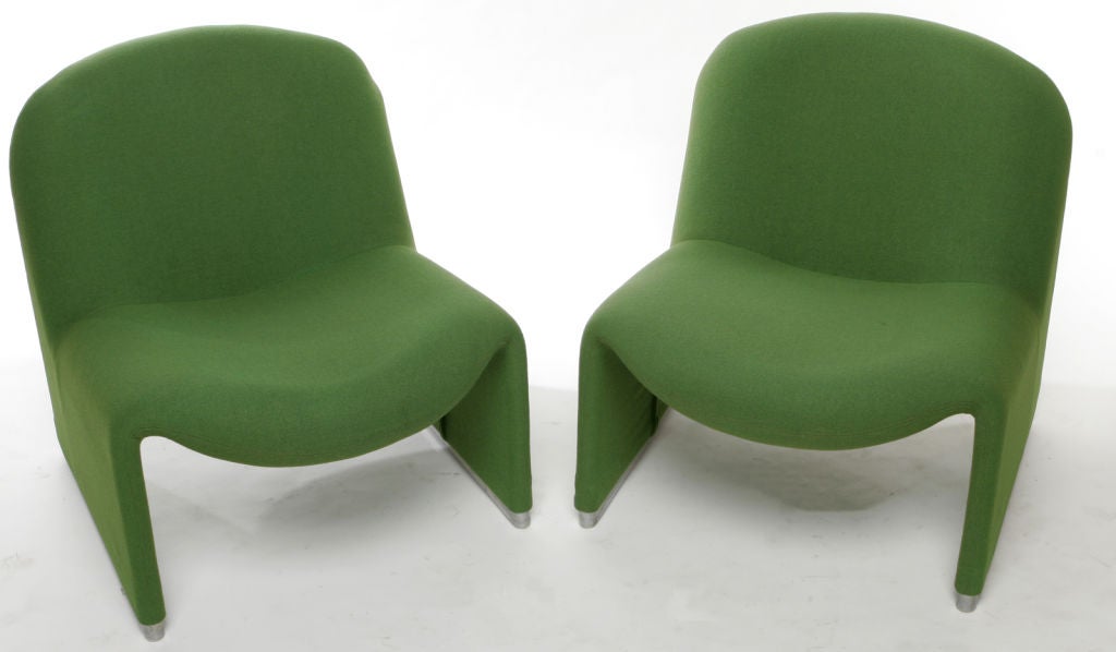 Pair of molded wood and chrome Alky chairs by Giancarlo Piretti, with original green wool upholstery.