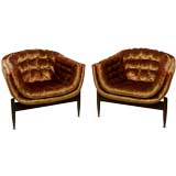 Pair Of Modernist Tufted Brown Velvet Barrel Chairs