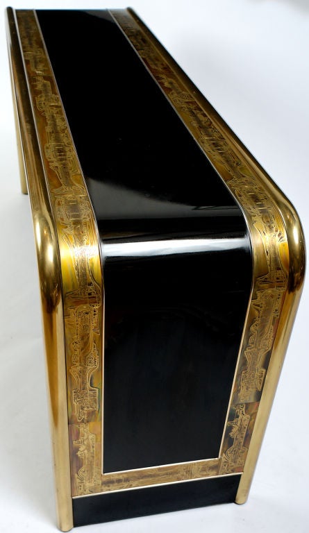 American Mastercraft Black Lacquer & Acid Etched Brass Waterfall Console