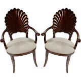 Vintage Pair Italian Grotto Arm Chairs In Walnut With Suede Upholstery