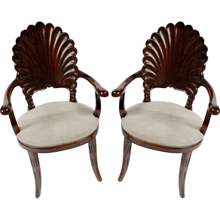 Pair Italian Grotto Arm Chairs In Walnut With Suede Upholstery