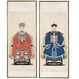 Pair Chinese Ancestor Portraits In Gilt Bamboo-Form Frames Pair Chinese Ancestor Portraits In Gilt Bamboo-Form Frames