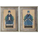 Pair Chinese Ancestor Portaits In 1930s Mirrored Mat Frames