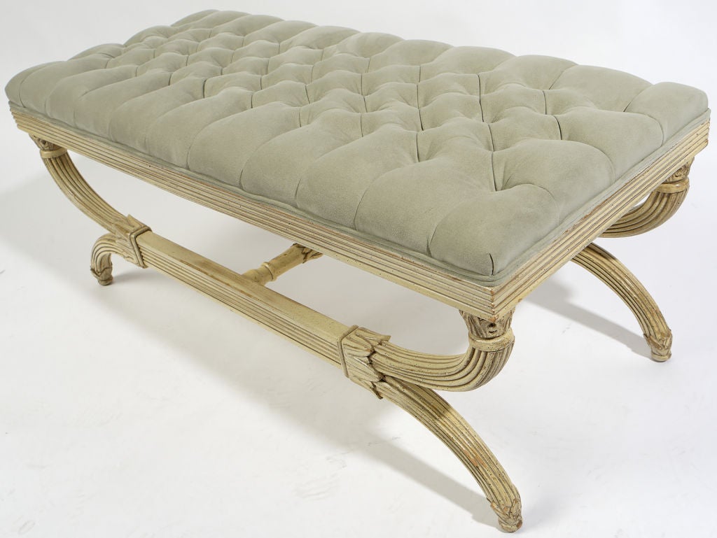French Button Tufted Regency Bench With Reeded Curule Legs