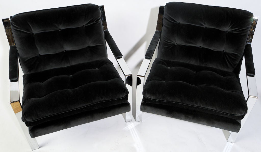 Handsome pair of chrome framed chairs by Milo Baughman for Thayer Coggin.  Newly reupholstered in a lush black velvet.