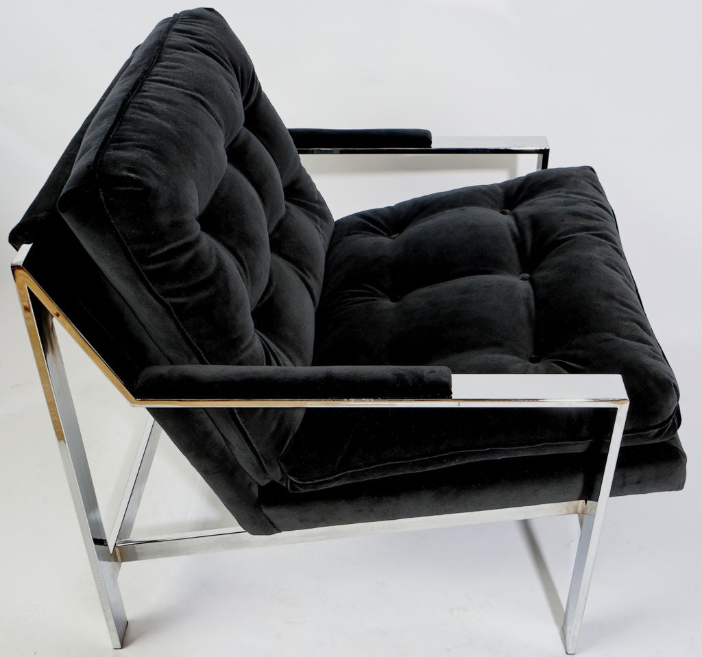 American Pair Milo Baughman Chrome & Black Velvet Club Chairs