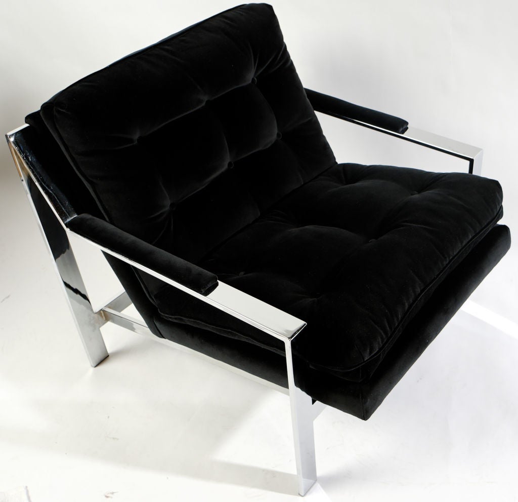 20th Century Pair Milo Baughman Chrome & Black Velvet Club Chairs