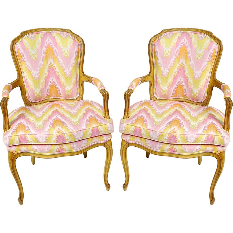 Pair 1940s Painted Louis XV Style Fauteuils