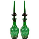 Pair Tall Green Glass Decanters With Spire Cut Stoppers