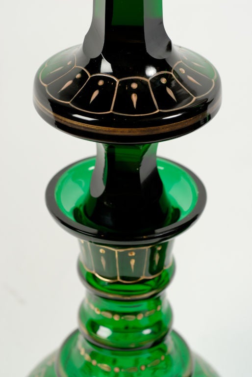 Pair Tall Green Glass Decanters With Spire Cut Stoppers
