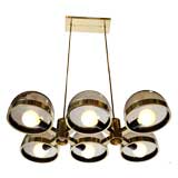 Large Brass Chandelier With Smoked Glass Dome Shades