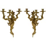 Pair Bronze Louis XV Style Three-Light Sconces