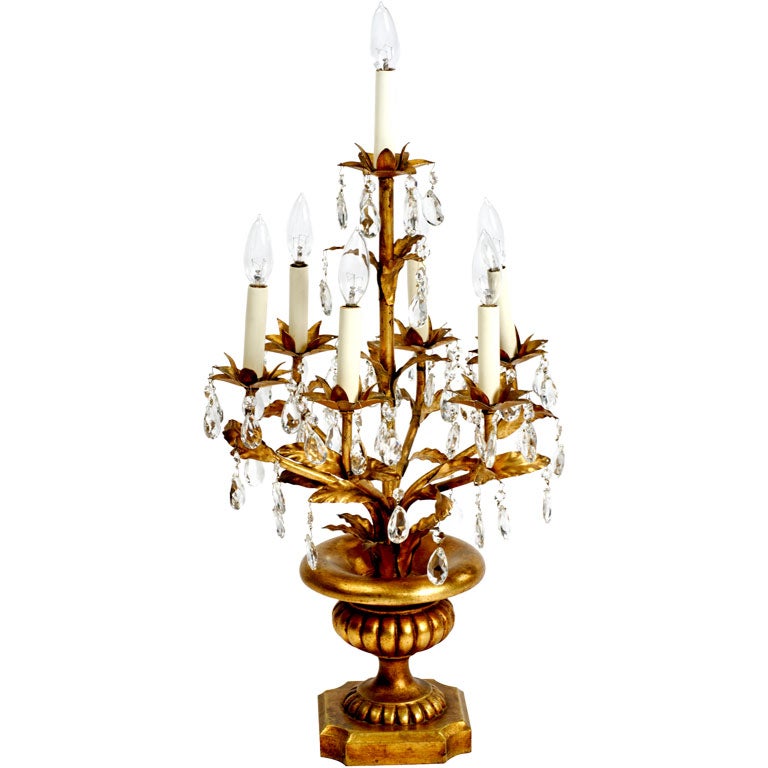 Large Italian Gilt Tole & Crystal Candelabra Lamp