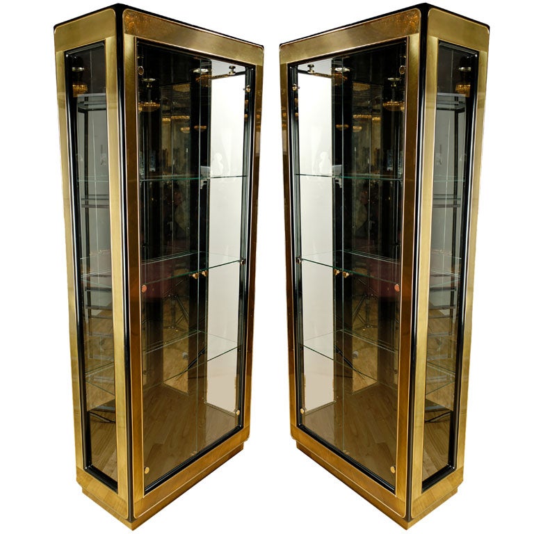 Pair Black Lacquer 
Brass Mastercraft Display Cabinets