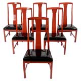 Set Of Six Baker Cinnabar And Black Patent Leather Side Chairs