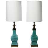 Pair Stiffel Turquoise Porcelain And Bronze Lamps