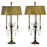 Pair Large Brass & Crystal Bouillotte Lamps By Stiffel