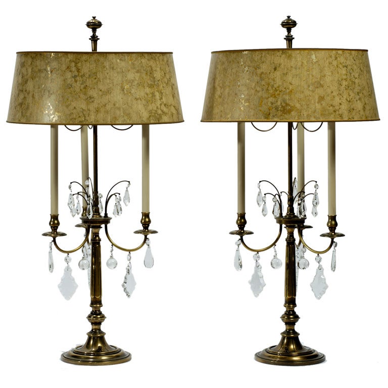 Pair Large Brass & Crystal Bouillotte Lamps By Stiffel