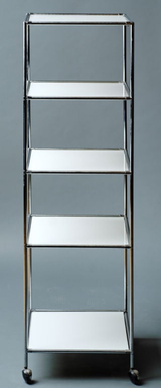 Chrome Etagere With White Vitrolite Glass Shelves