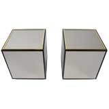 Pair Mirrored Black Lacquer & Brass Cube Tables
