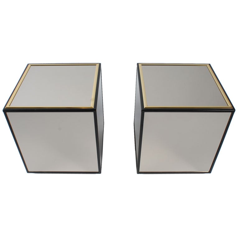Pair Mirrored Black Lacquer & Brass Cube Tables