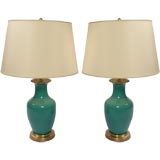 Pair Of Teal Crackle Glaze Lamps