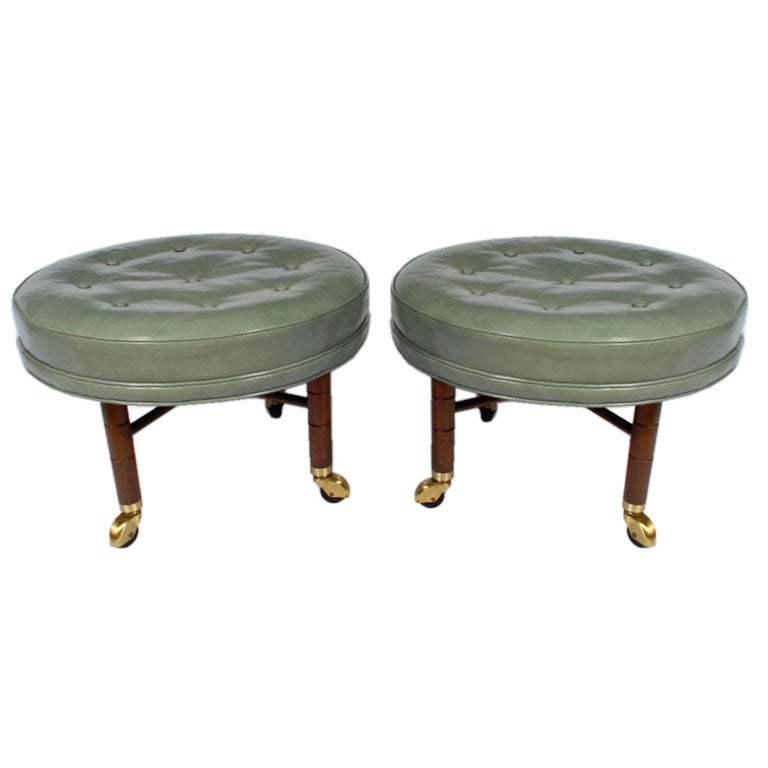 Pair Baker Blue Leather Round Ottomans