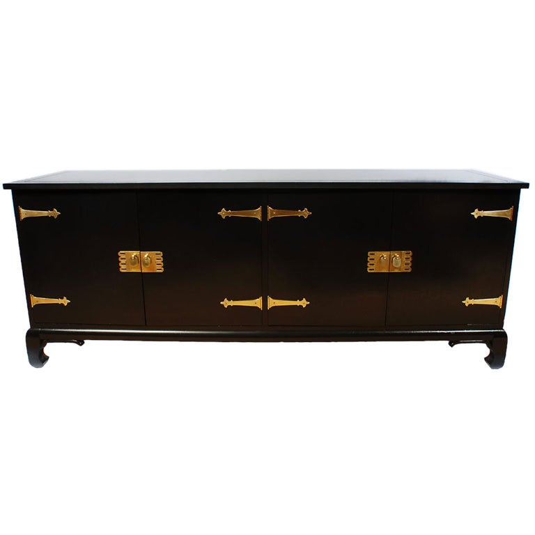 Custom 1950s Black Lacquer & Brass Long Cabinet