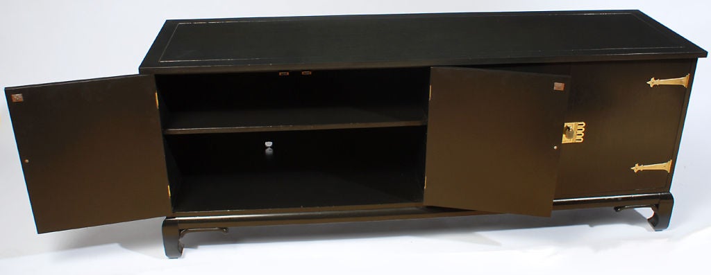 Custom 1950s Black Lacquer & Brass Long Cabinet