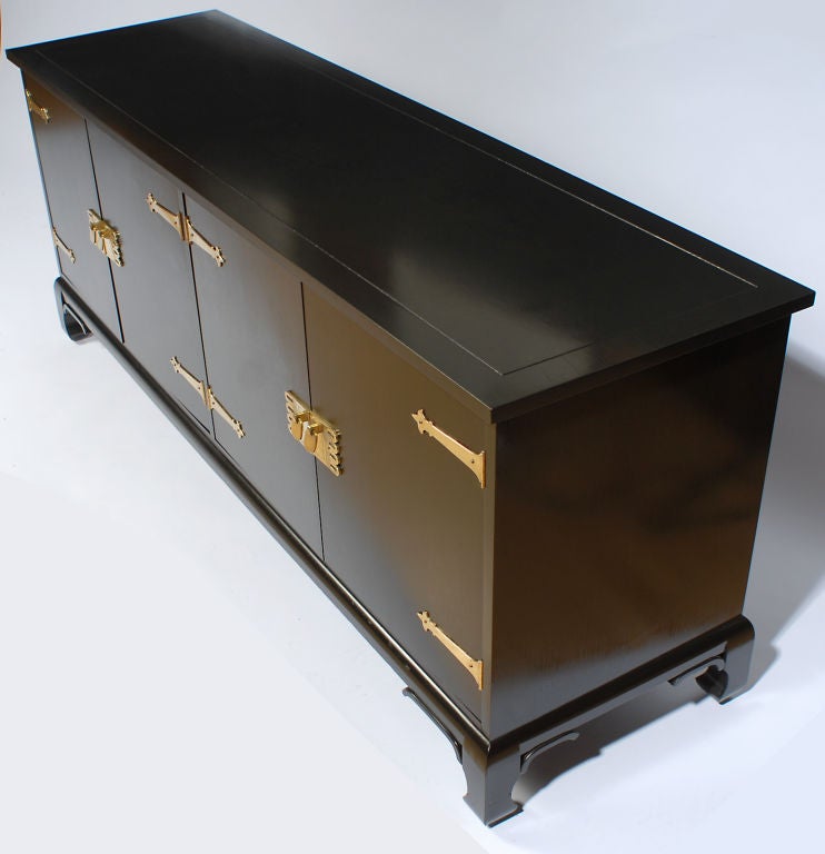 Custom 1950s Black Lacquer & Brass Long Cabinet 1