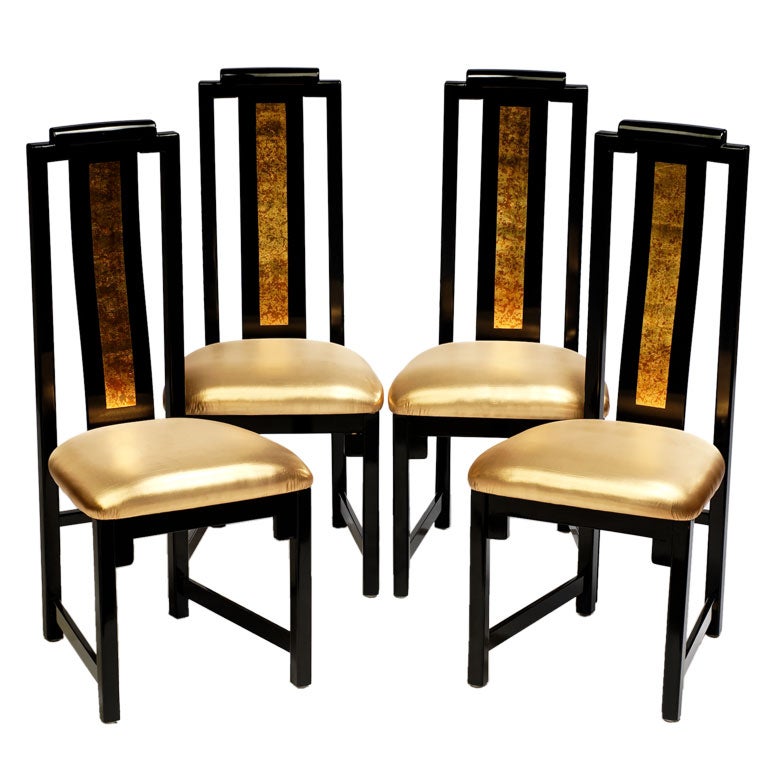 Set Four Gilt & Black Lacquer Chairs With Gold Lame' Upholstery