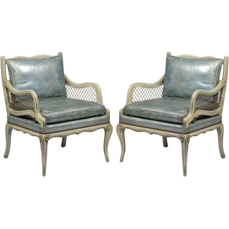Pair 1940s Carved Wood Arm Chairs With Blue Leather Upholstery