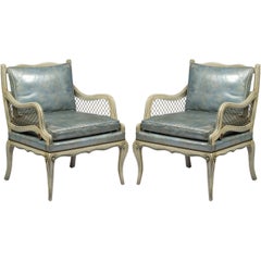 Vintage Pair 1940s Carved Wood Arm Chairs With Blue Leather Upholstery