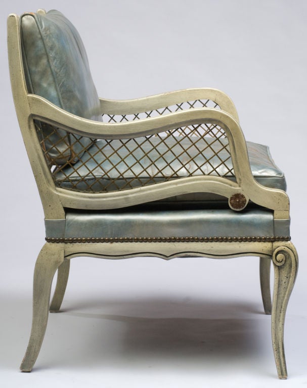 Painted Pair 1940s Carved Wood Arm Chairs With Blue Leather Upholstery