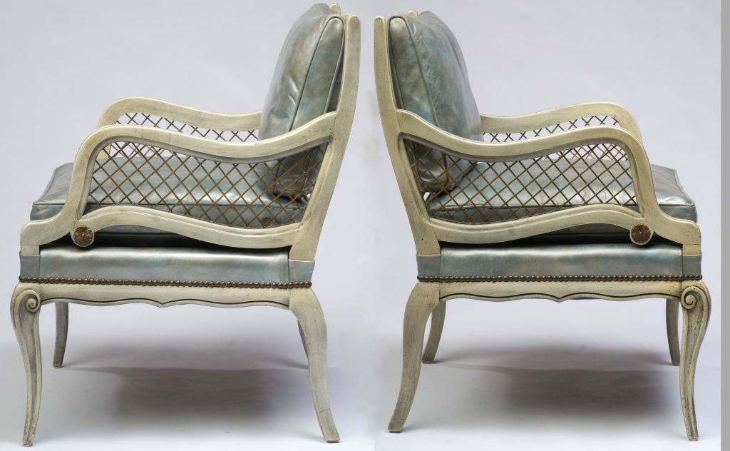 Mid-20th Century Pair 1940s Carved Wood Arm Chairs With Blue Leather Upholstery