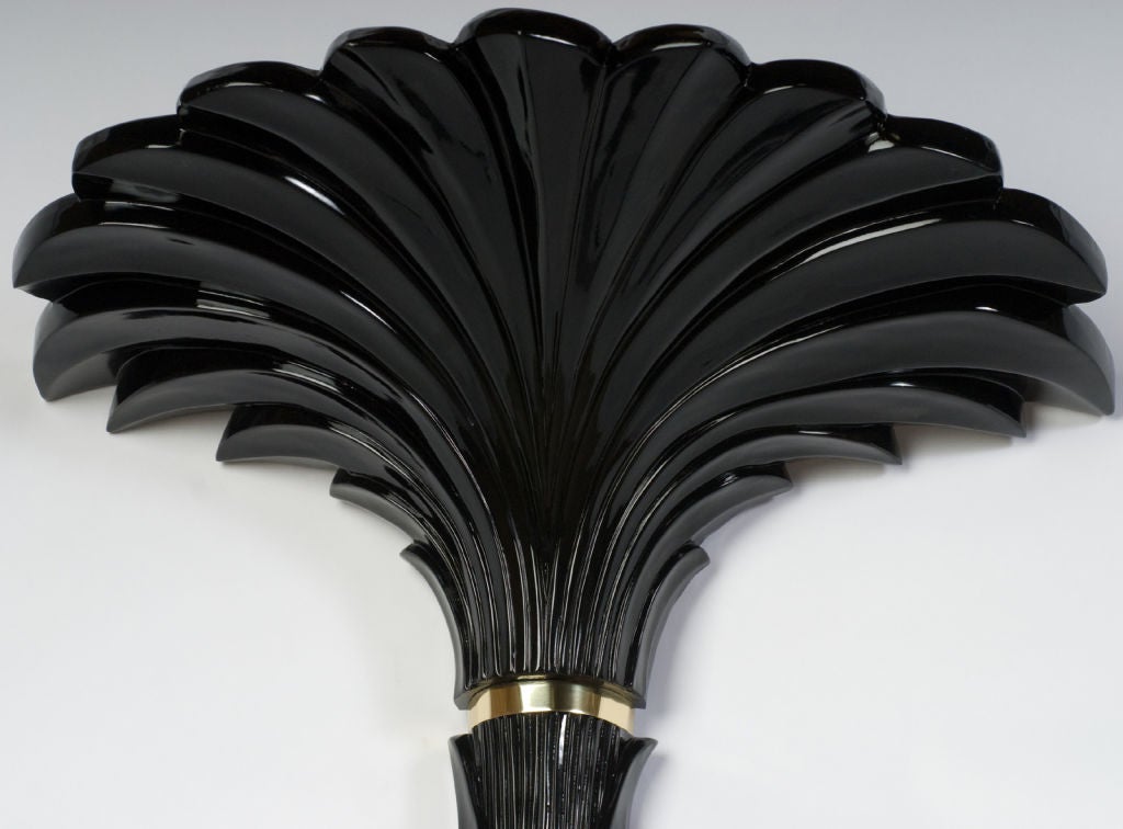 Palm-Form Wall Torchiere In Black Lacquer Carved  Wood & Brass