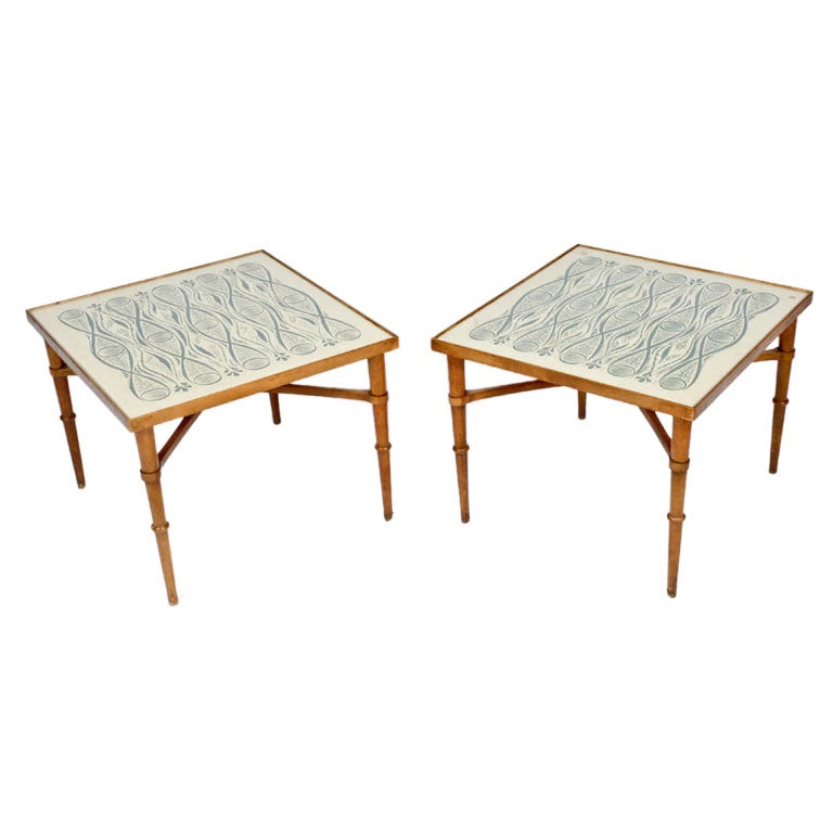 Pair Of Drexel Side Tables With Patterned Tops