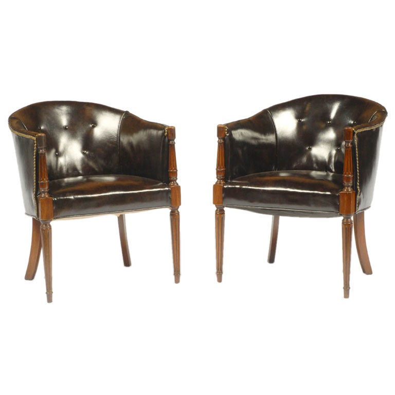 Pair Regency Style Tub Chairs In Rich Brown Leather