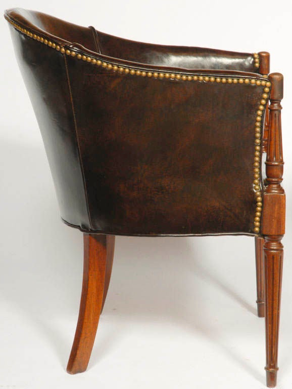 American Pair Regency Style Tub Chairs In Rich Brown Leather