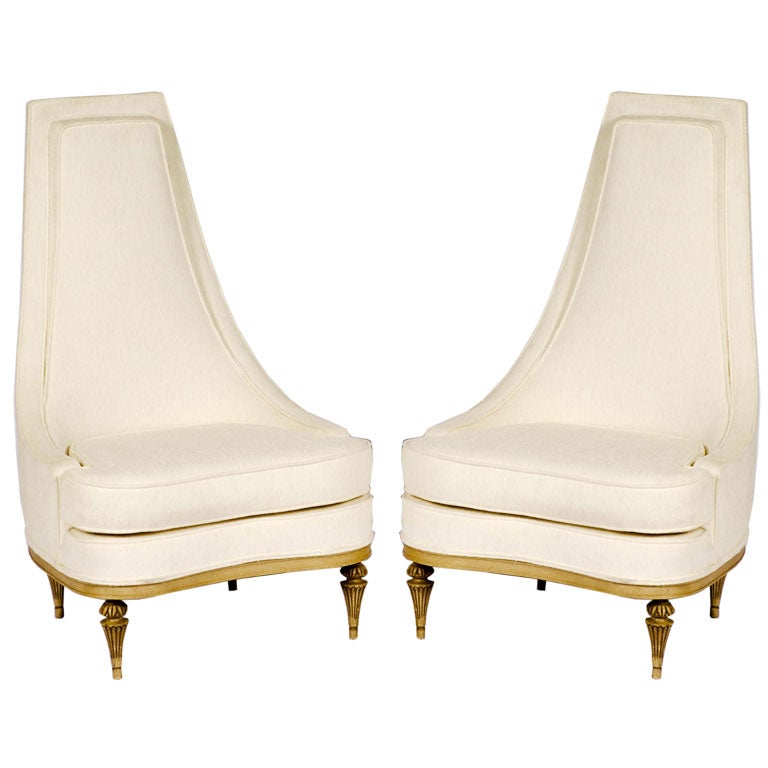 Pair Striking White Club Chairs With Tall Backs