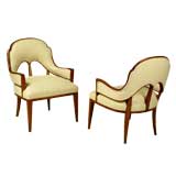Pair Gustavian Modern Walnut & Linen Arm Chairs