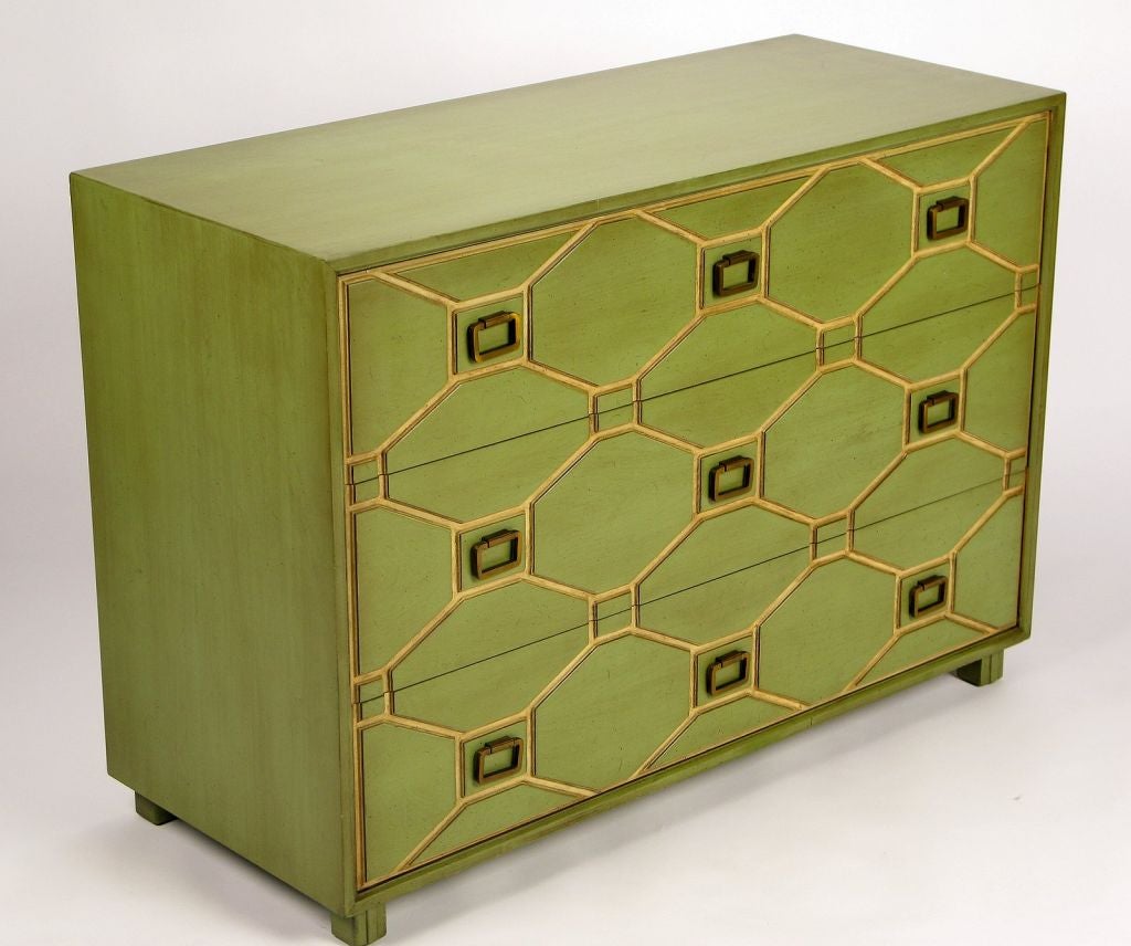 From Draper's Viennese Collection for Henredon, this striking mahogany chest retains its amazing and original celadon green lacquer finish.  <br />
<br />
The front is decorated in a geometric cavo-relievo, with the incised lines lacquered in