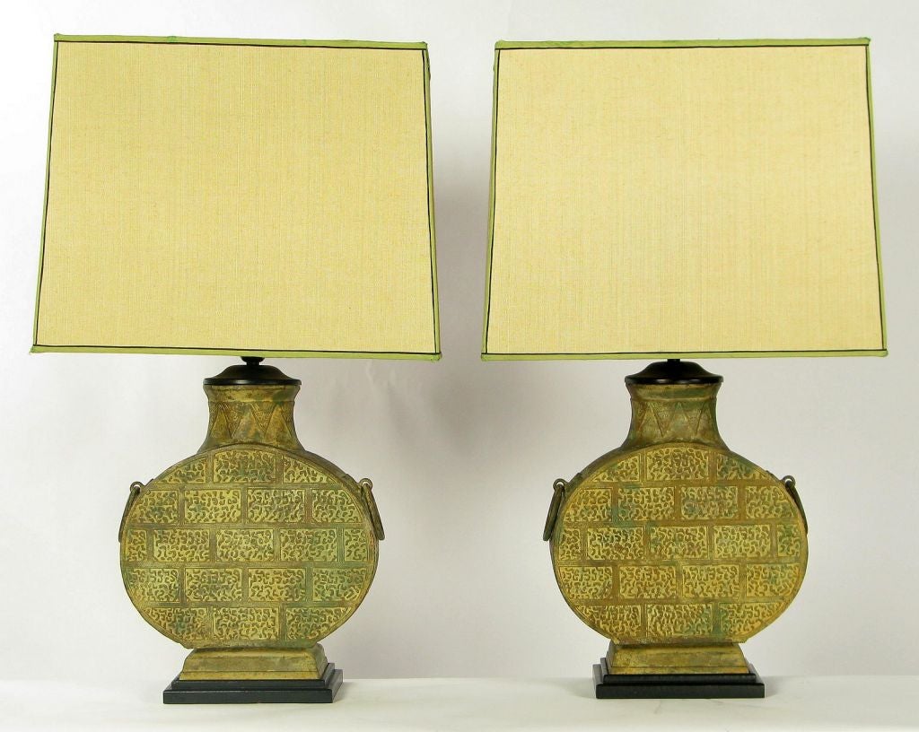 Pair Monumental Bronze Chinese Urn Table Lamps