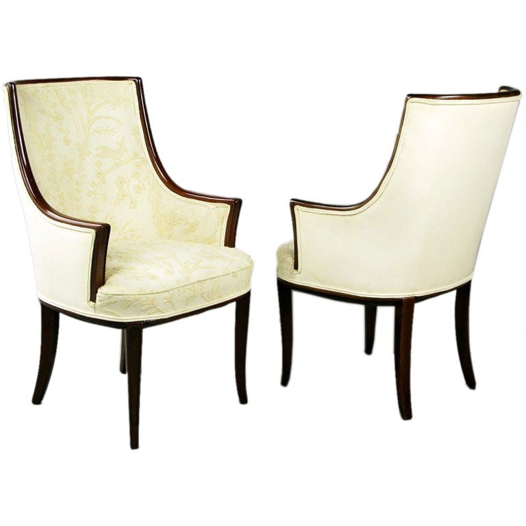 Pair Mahogany & Cream-On-Cream Crewel Arm Chairs